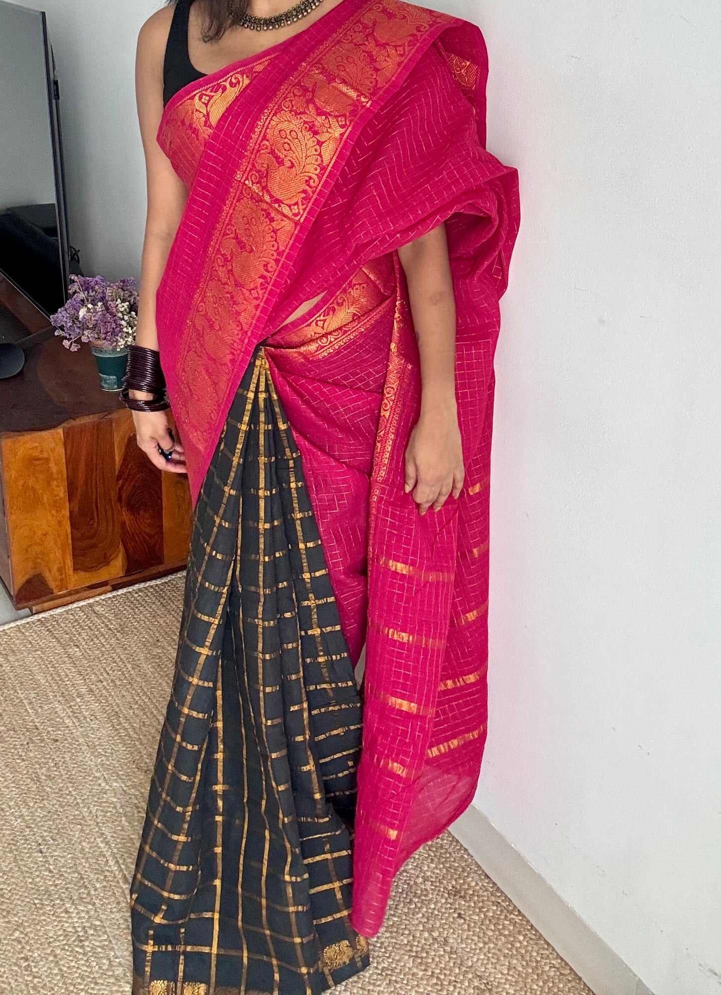 Hot pink with black, sungudi cotton half-half saree - YCCOTNMSFE364