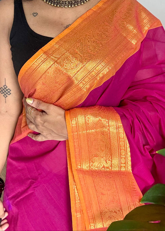 Magenta with turmeric yellow zari border chettinad cotton saree - YCCOTNCKSE17
