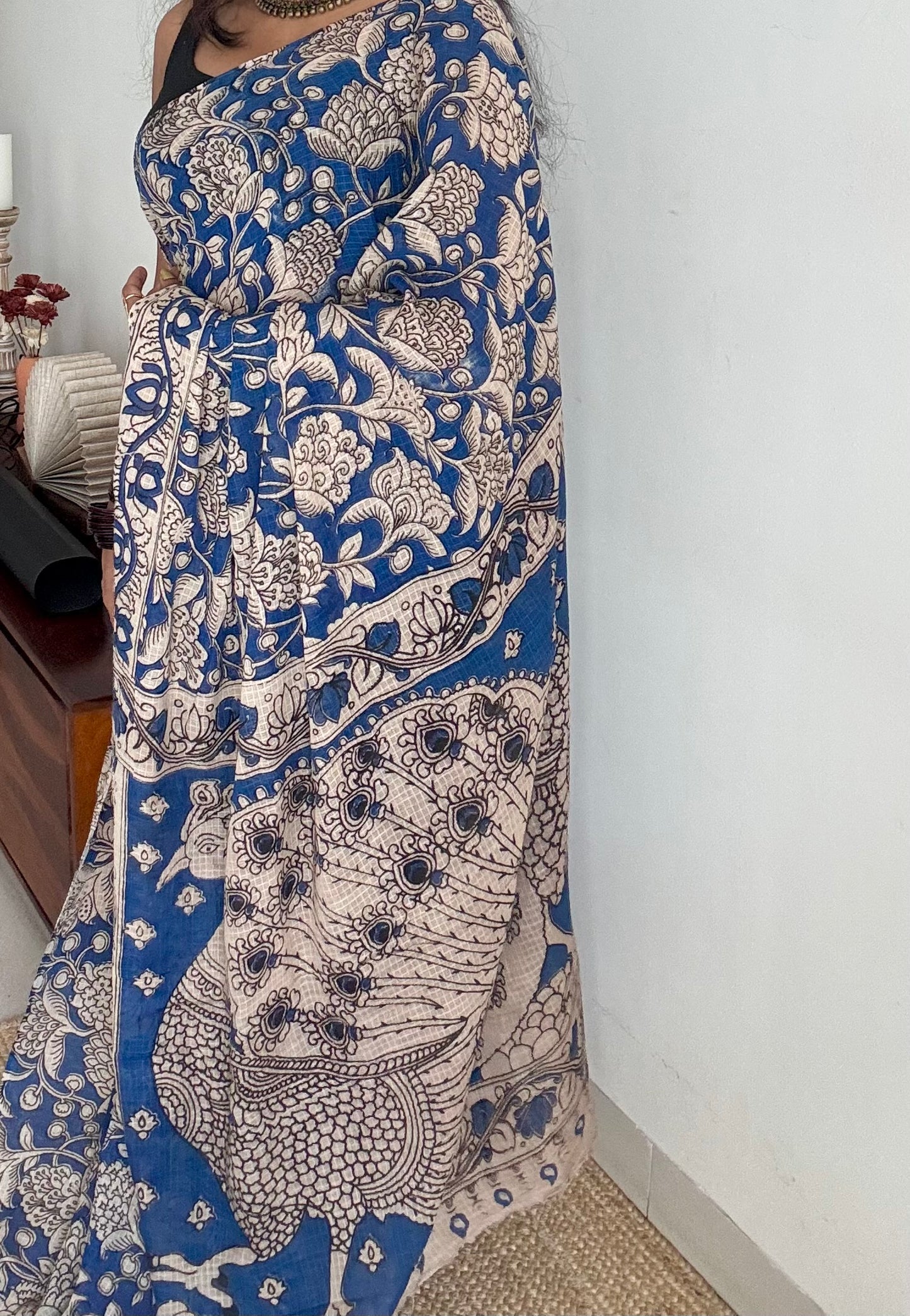 Blue floral kalamkari saree in kota - YCWOTDMA359