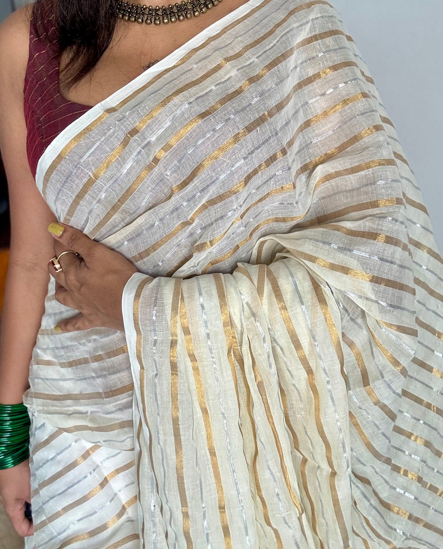 Ivory mul saree with gold and silver stripes - YCBCMCFE298
