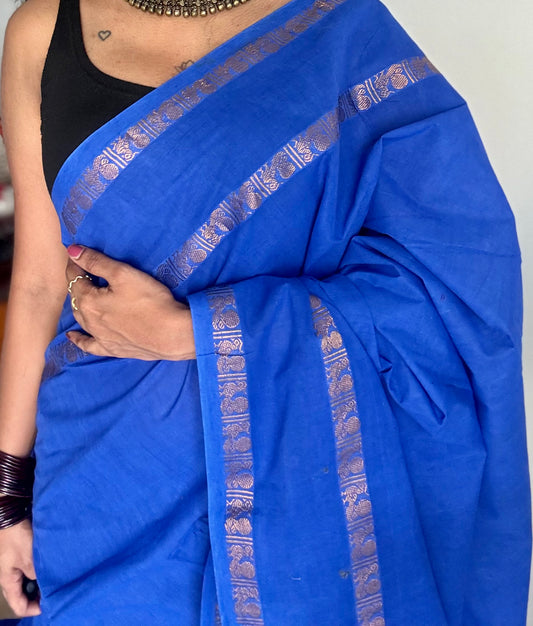 Electric blue rettaipettu peacock gap border, kattuchayam dyed madurai cotton saree  - YCCOTNMSAP97
