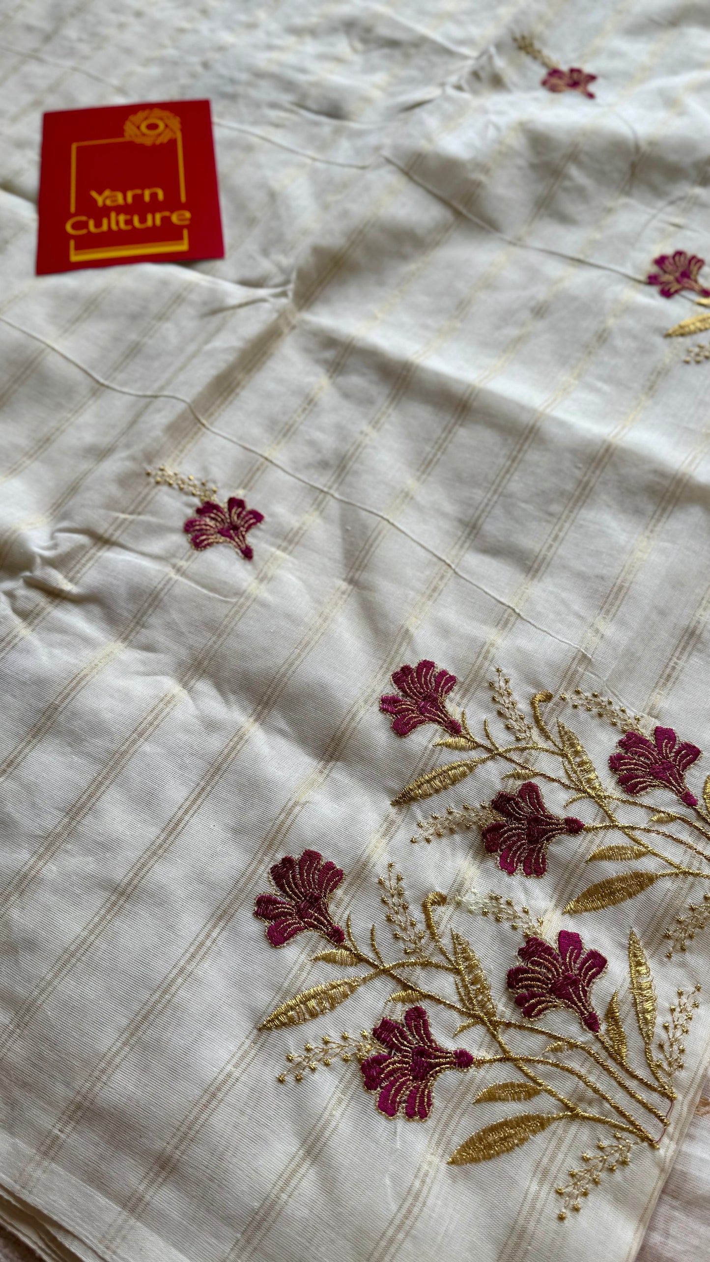 Ivory and gold soft cotton saree, maroon floral embroidery  - YCIEON50