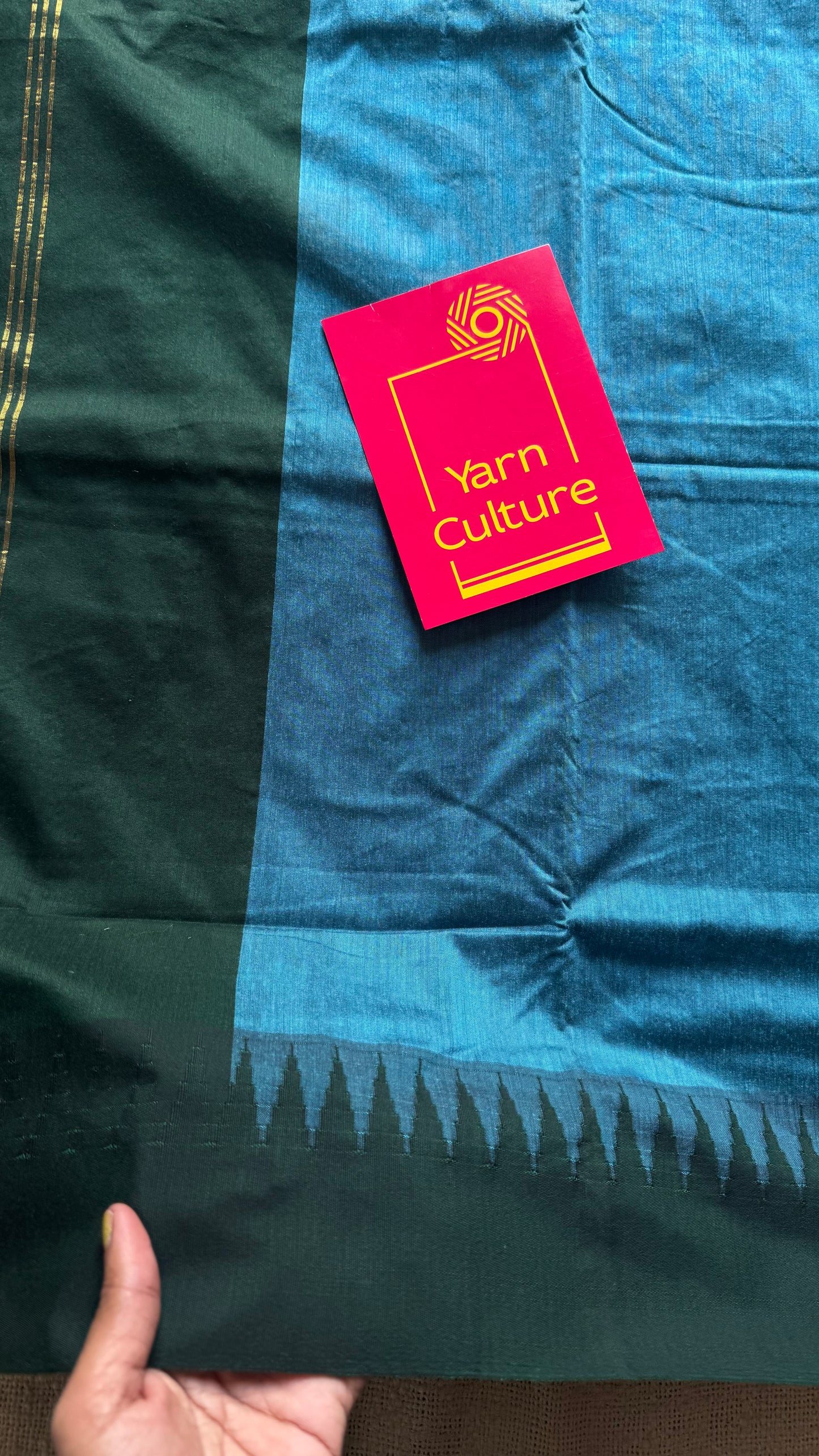 Blue with dark green contrast, temple border saree, cotton silk - YCCOTNTBFE63