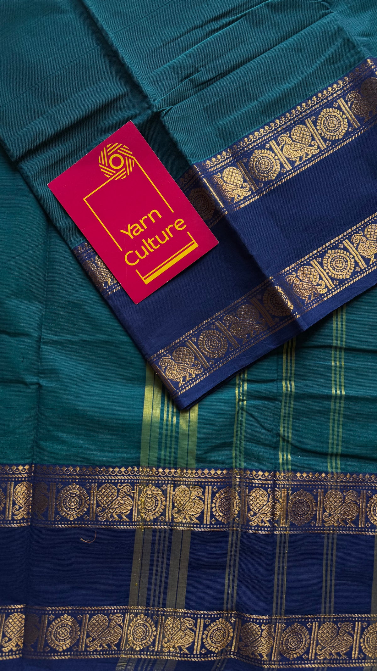 Peacock blue with blue rettaipet double zari border, kanchi cotton saree - YCCOTNCCOC112