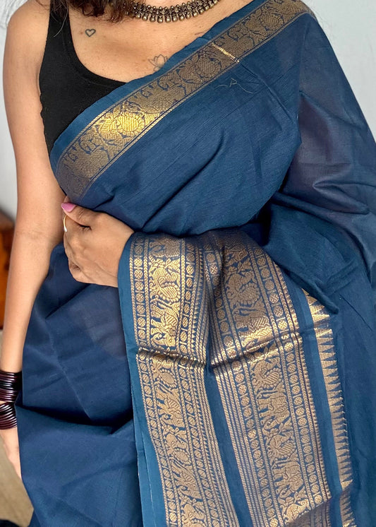 Peacock blue, wide zari border, kanchi cotton - YCCOTNKCJA214