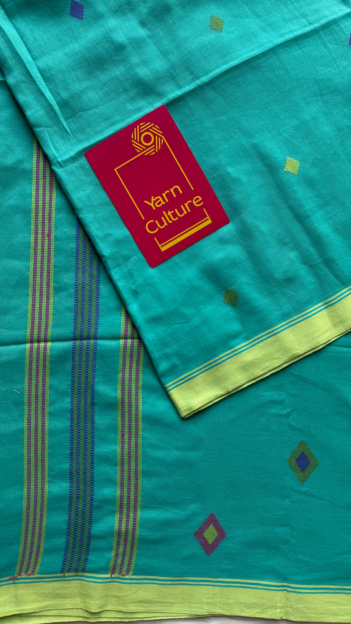 Handloom Bengal soft cotton saree, turquoise with woven buttas and lime green borders - YCBCMCSE38