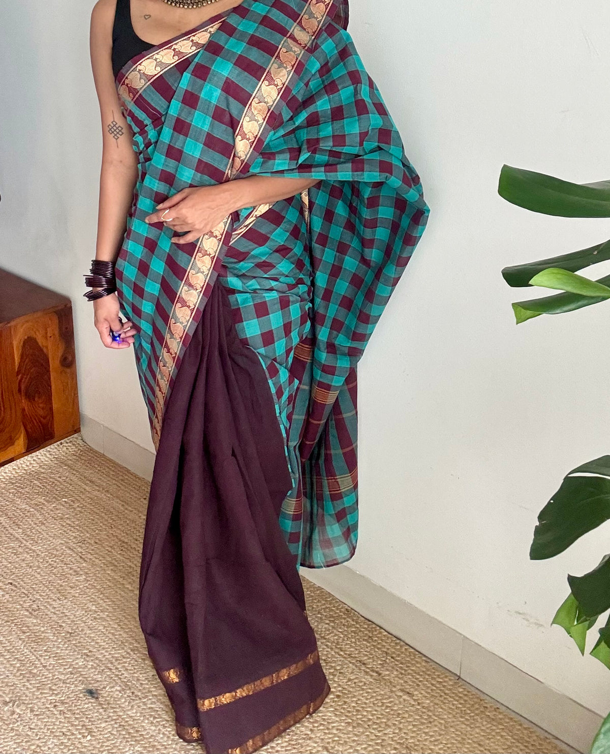 Turquoise multi checks with brown, sungudi and chettinad cotton half-half saree - YCCOTNIDOC35
