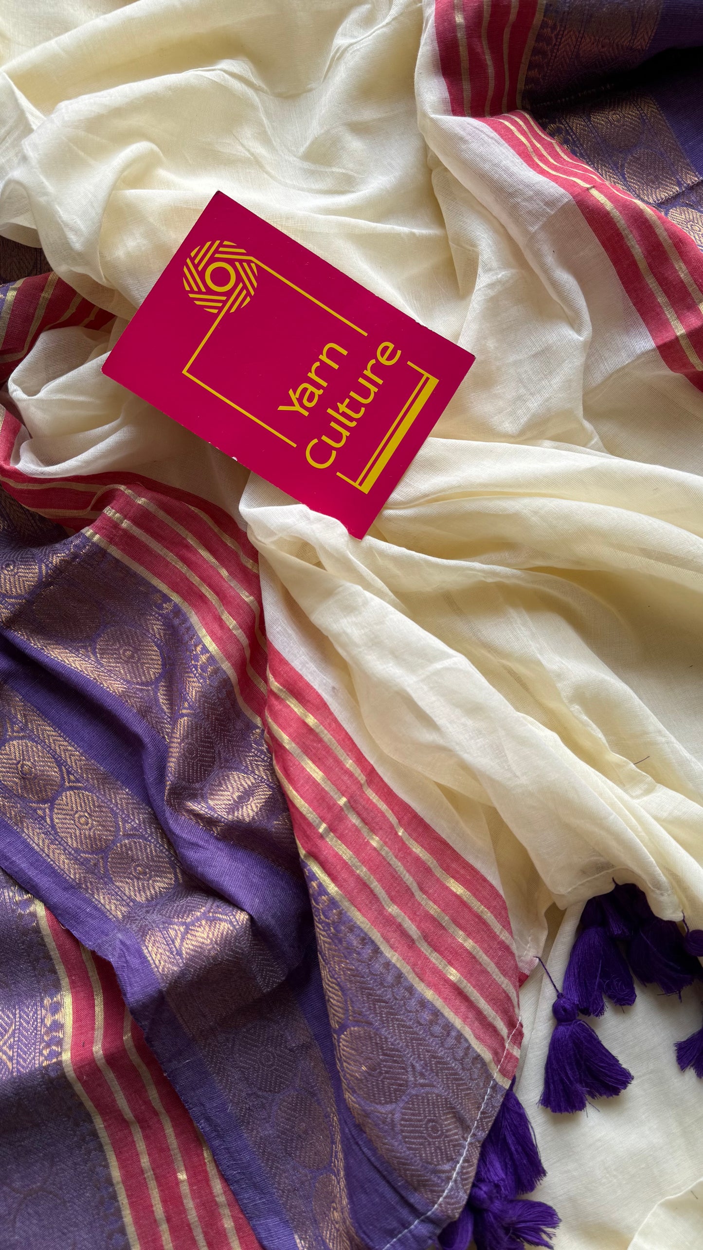 Ivory mul saree with purple and red motif zari border  - YCBCMCFE299
