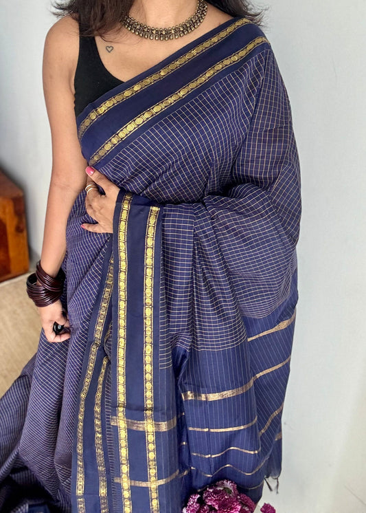 Dark blue, arani checks, cotton silk - YCCOTNJUAR06