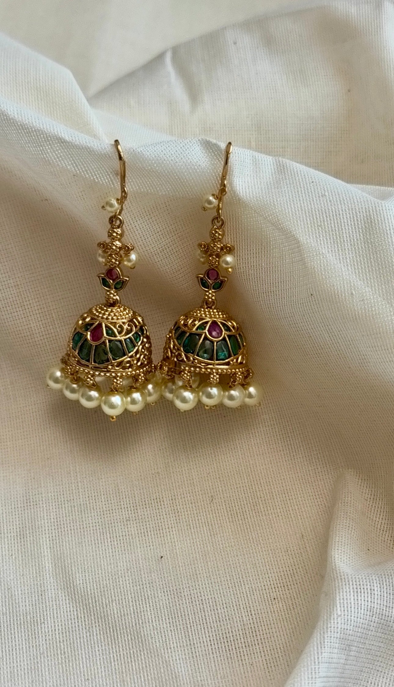 Ruby green pearl drops hook jhumka - YCGPER832