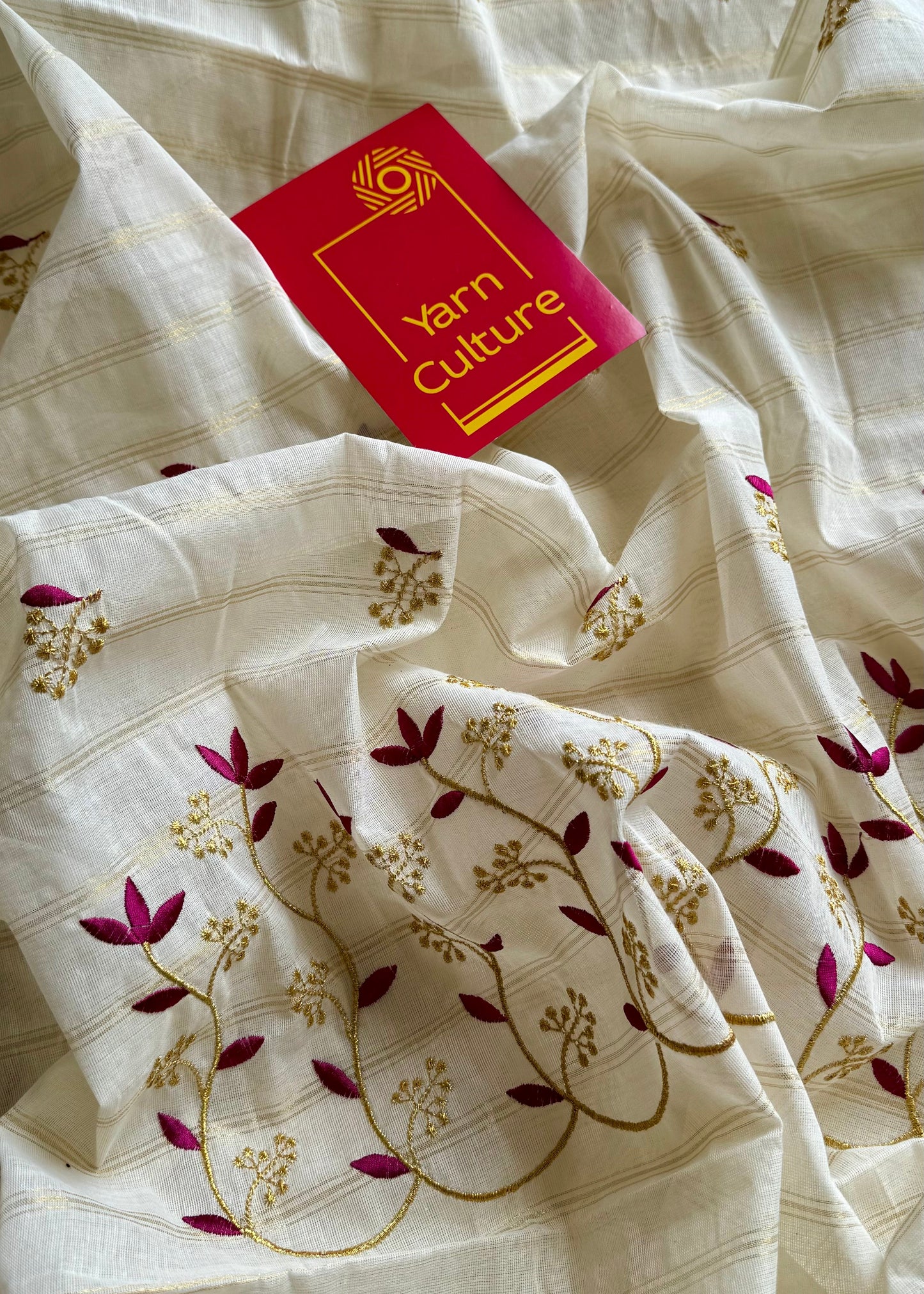 Ivory and gold soft cotton saree, purple pink floral vine embroidery  - YCIEON56