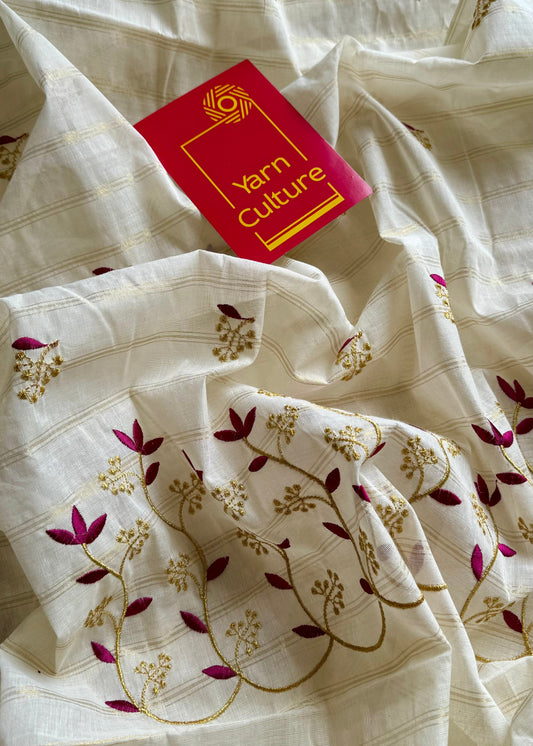 Ivory and gold soft cotton saree, purple pink floral vine embroidery  - YCIEON56