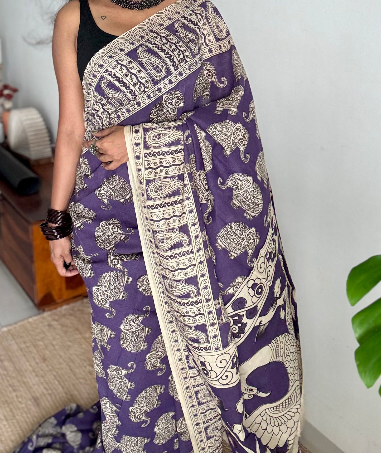 Purple kalamkari saree, elephant motifs, soft cotton - YCWOTDMA351