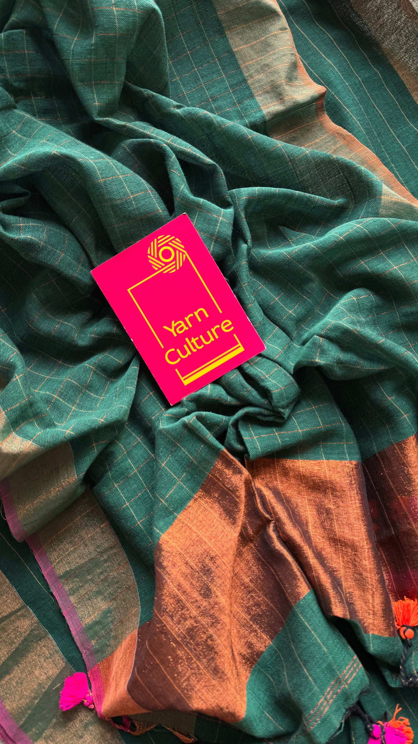 Green linen by cotton saree, gold checks & copper zari pallu - YCBCLCAP56