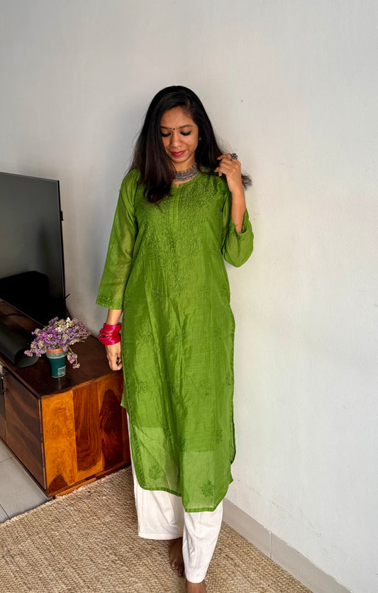 Leaf green muslin chanderi chikankari with bakhiya work, stitched kurta, round neck, three fourth sleeves - YCSECKJA135