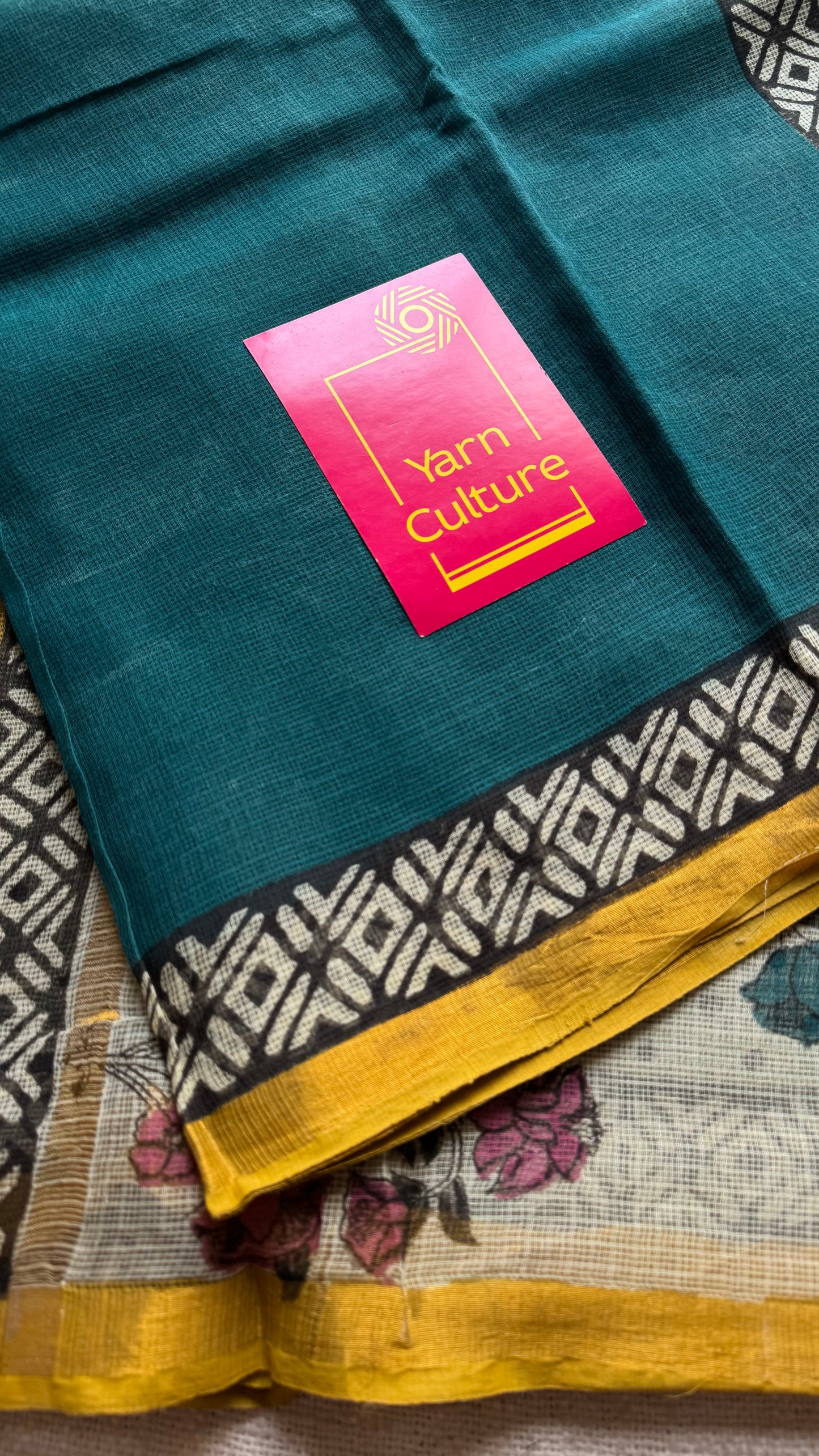 Teal Tadka - teal blue with yellow kota doria saree, with gold zari border - YCTORKDAP11