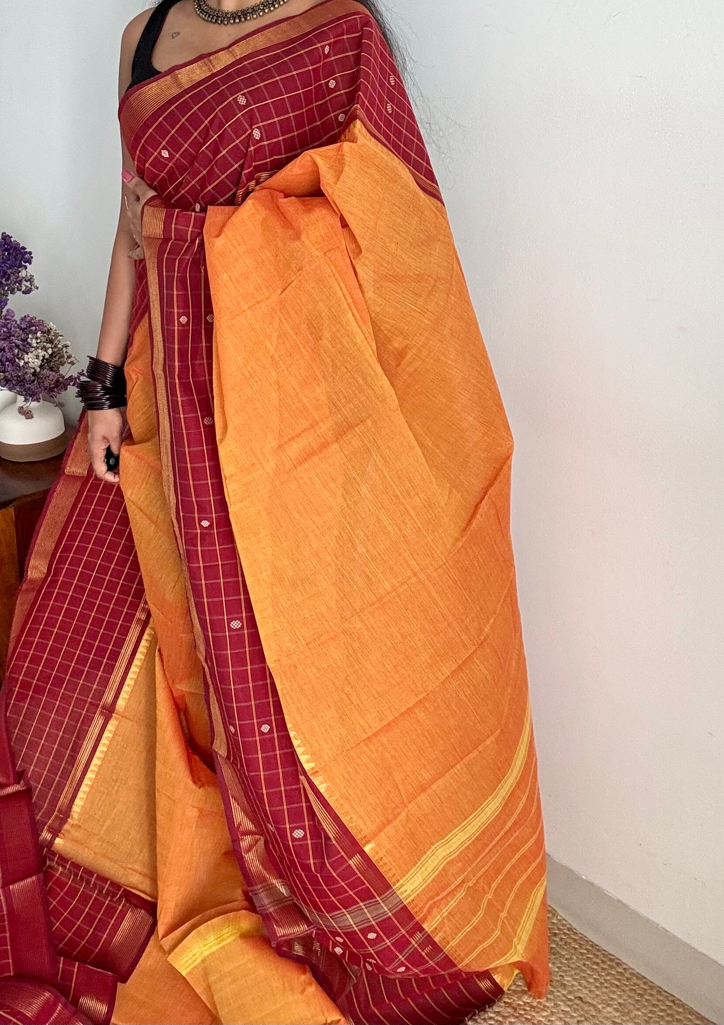Orange and dark red contrast, Chettinad cotton saree with checkered border - YCCOTNMA268