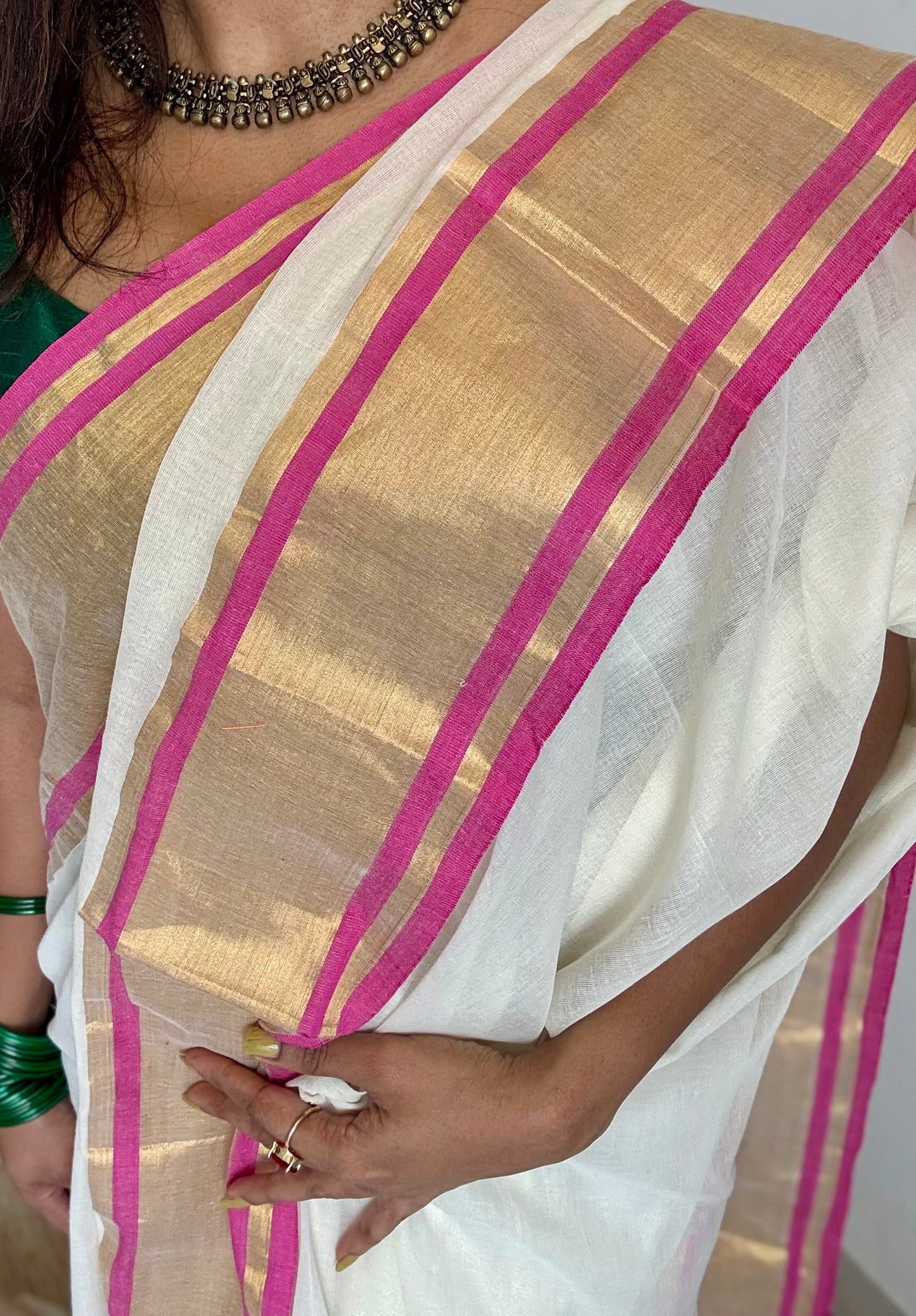 Ivory mul saree with gold zari border with hot pink highlights - YCIEBCFE326