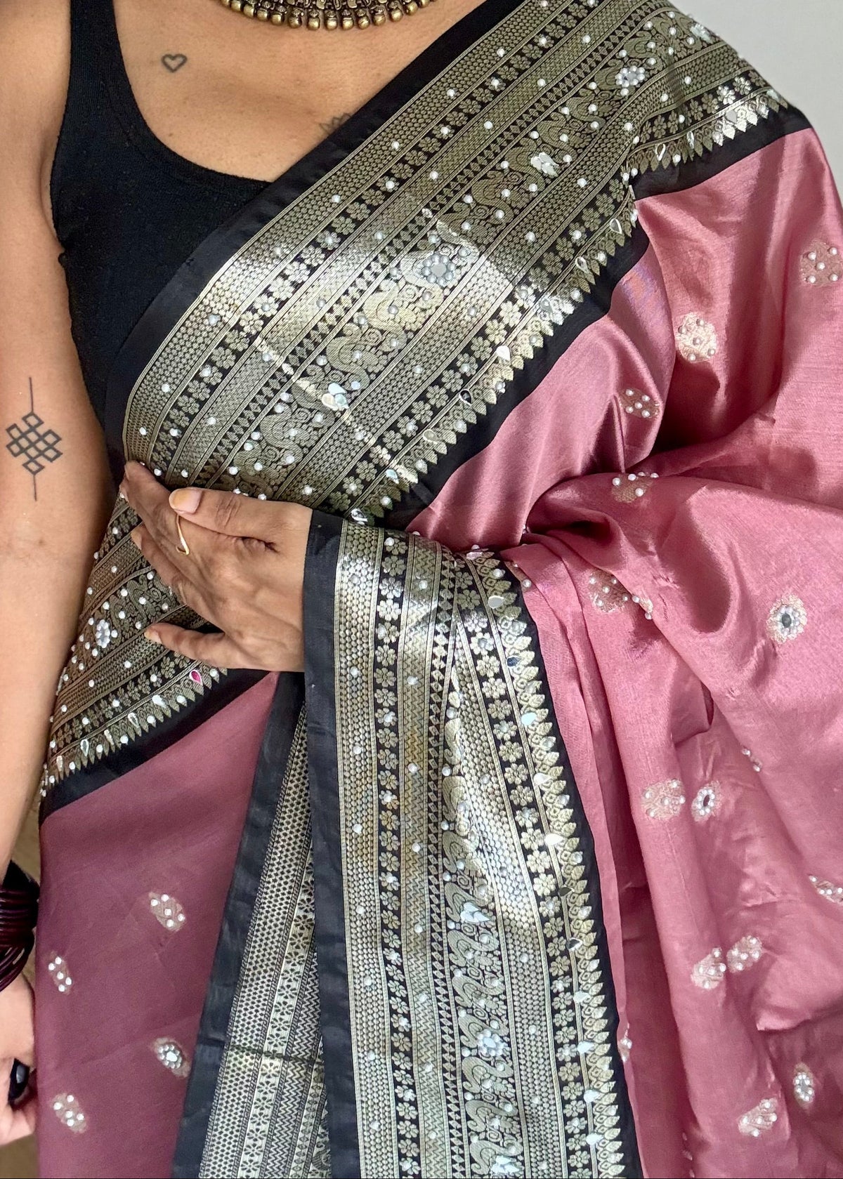 Dusty pink with black silver zari Banarasi semi-katan silk saree with pearl embellishments - YCBLTOC92