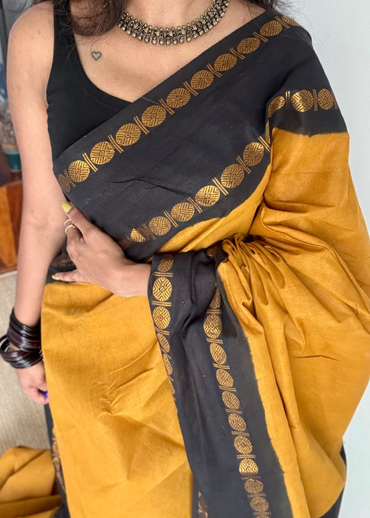Turmeric yellow with black rudraksham motif border - YCCOTNSEMS53
