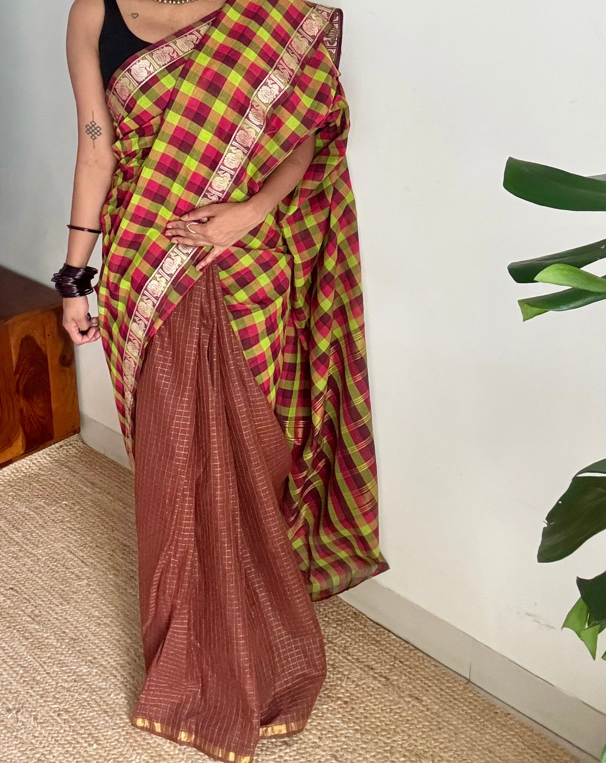 Multicoloured checks with brown, sungudi and chettinad cotton half-half saree - YCCOTNIDOC39