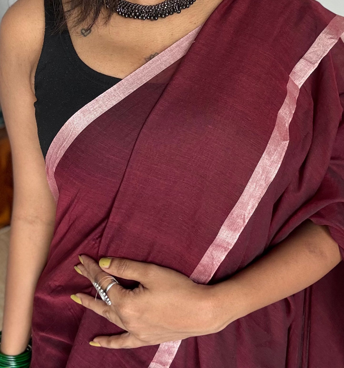 Dark brown with cream border mul cotton saree - YCBCMCFE231