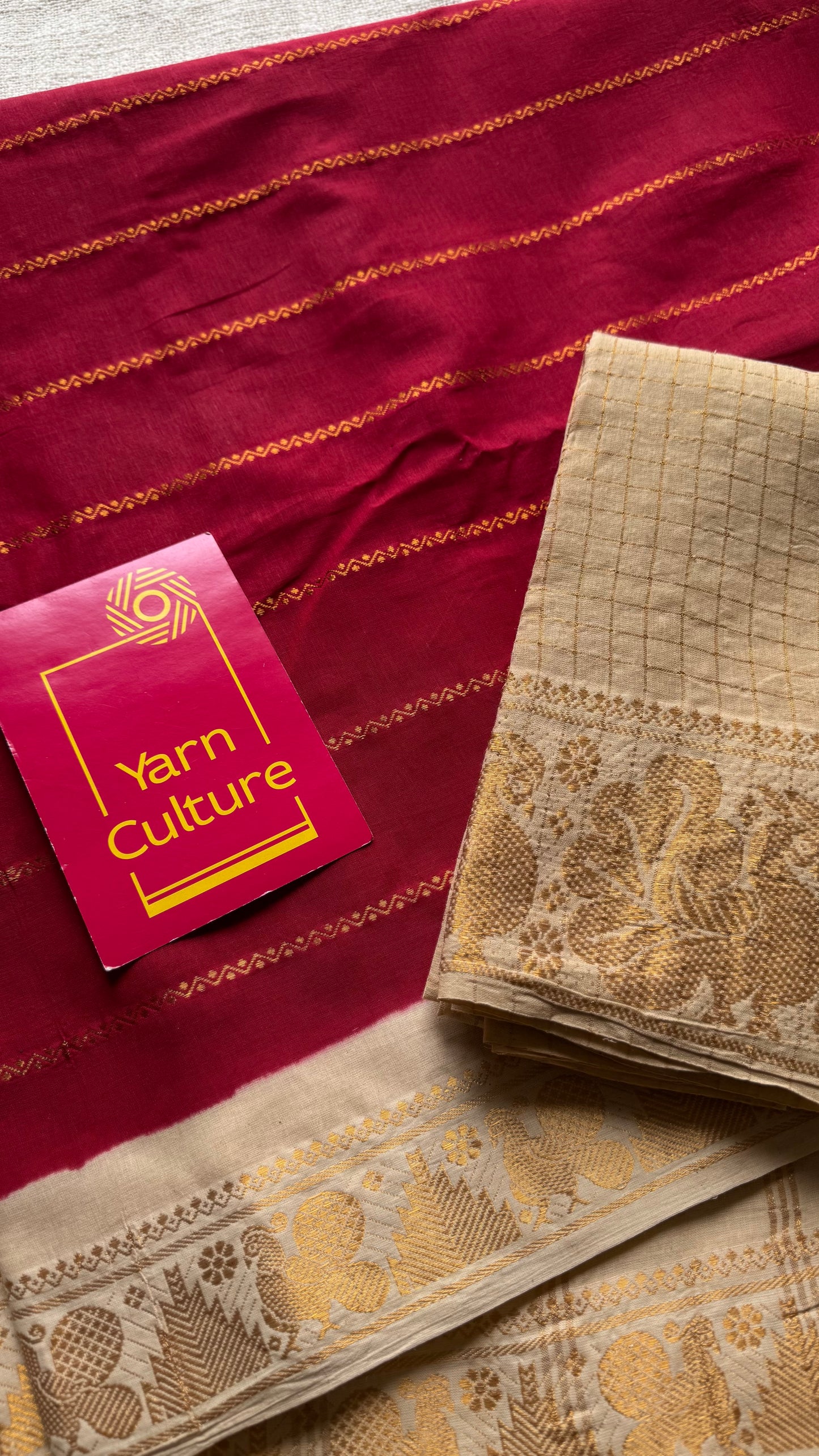 Red with cream veldhaari, kattuchayam dyed, madurai cotton - YCCOTNSEMS91