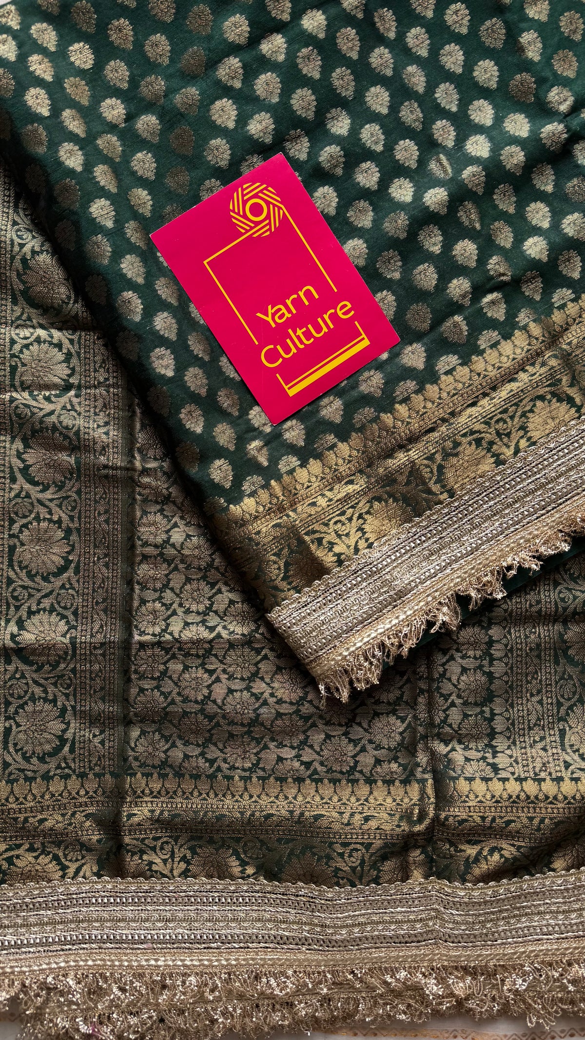 Dark green Banarasi semi-georgette saree with embellished lace border - YCBLTOC75
