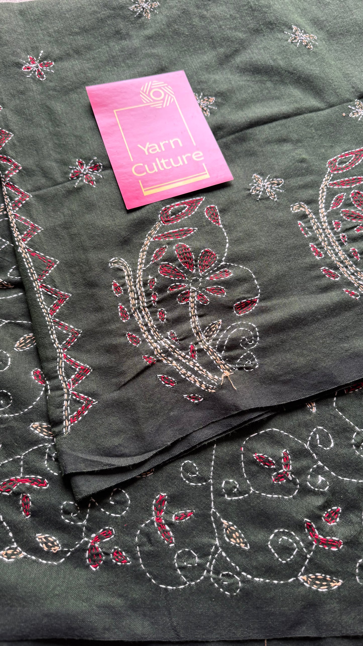 Embroidered green kantha weave in soft cotton - YCBCKKJA145