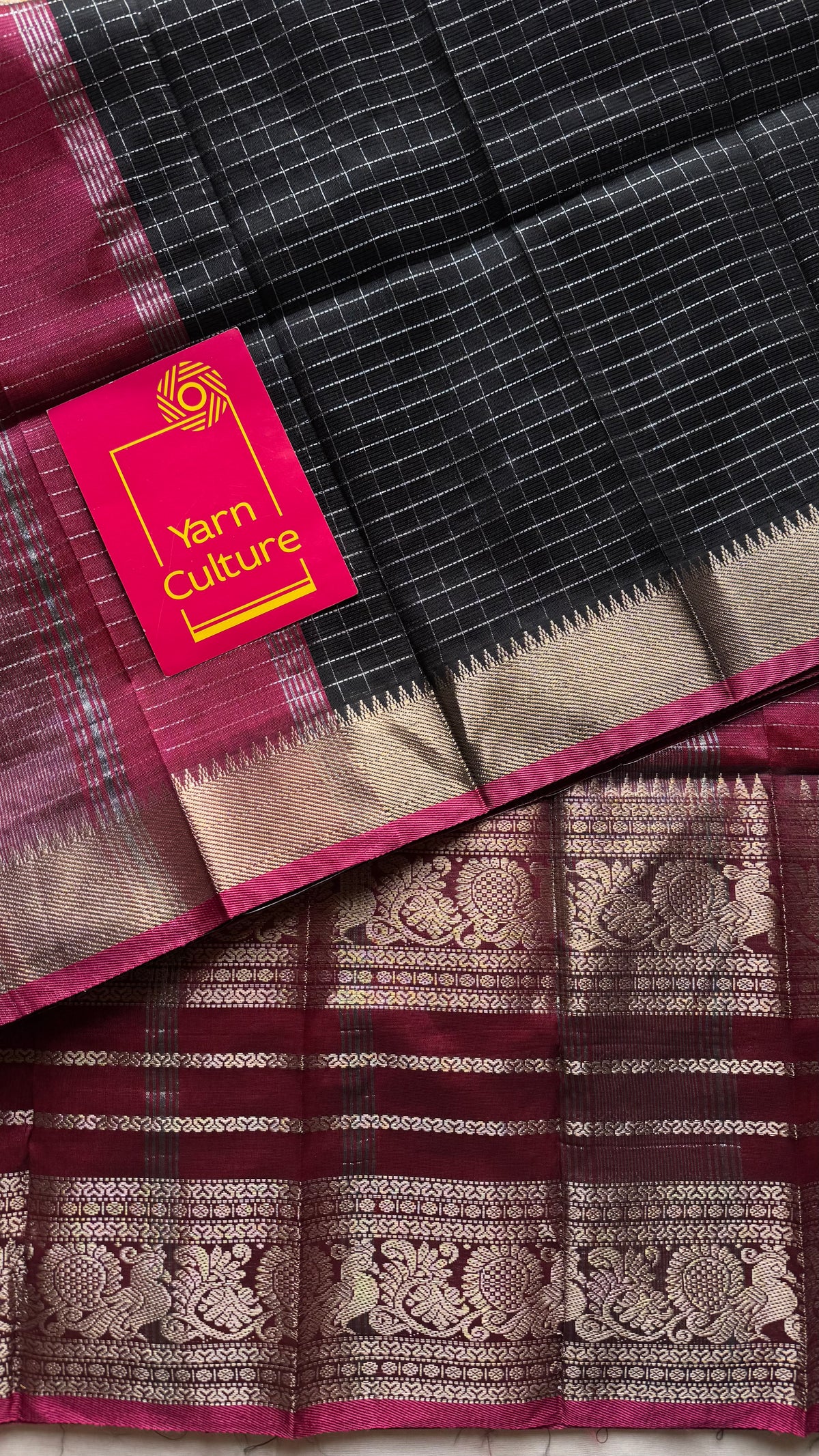Black with dark pink silver zari checks, silver and gold peacock woven zari border, mangalgiri silk cotton, handwoven, soft, light weight - YCWOTDMSCOC123