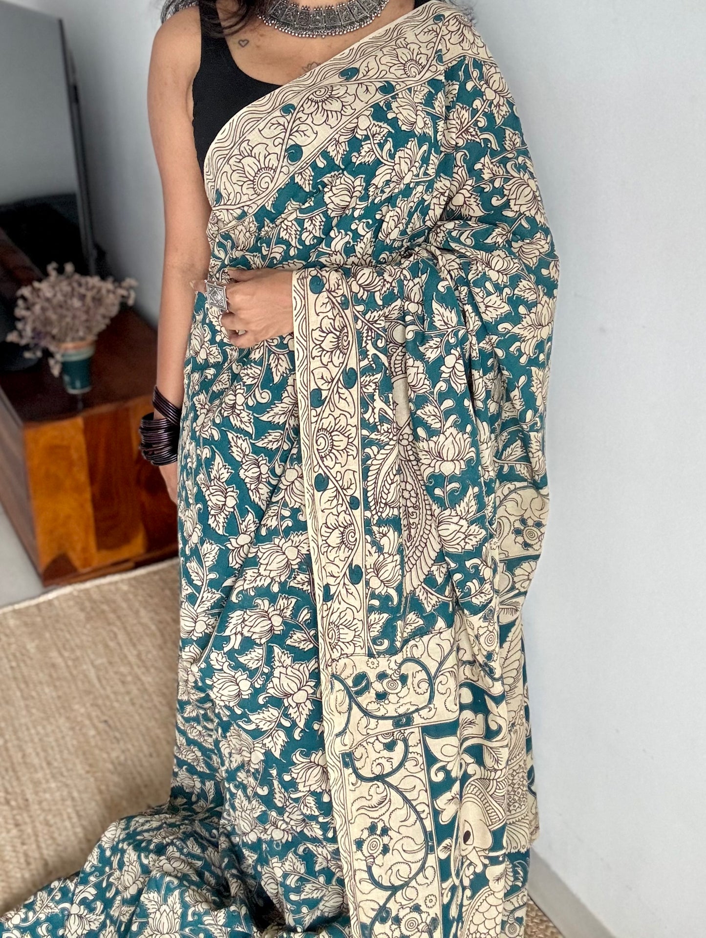 Teal with beige kalamkari, floral vines, soft cotton - YCWOTDOCMP89