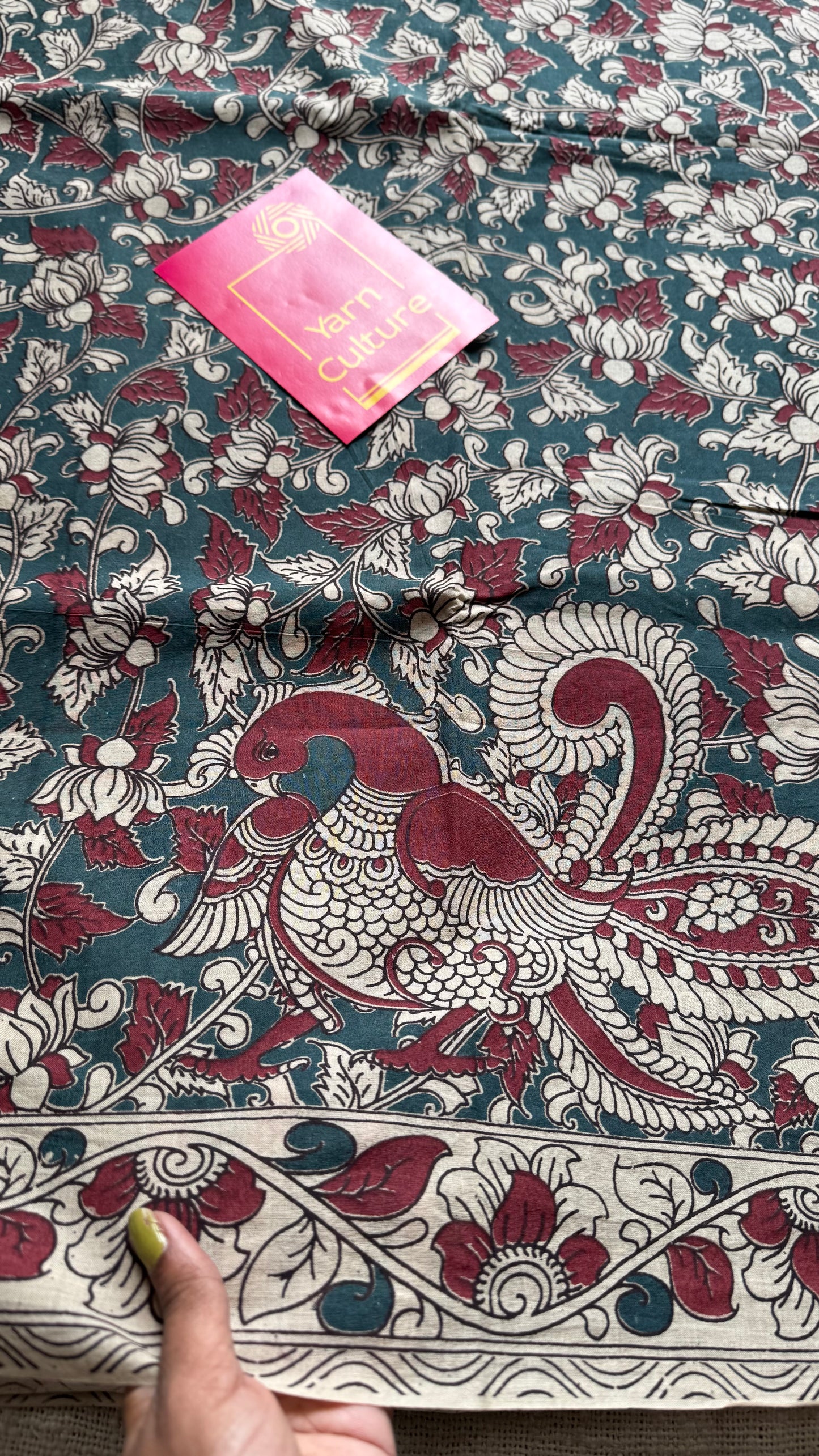 Bluish grey with beige and maroon kalamkari, floral vines, soft cotton - YCWOTDOCMP86