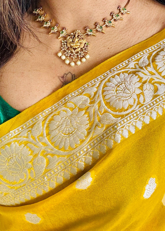 Green white ruby stones parrot hasli, Lakshmi pendant, with earrings - YCGPNP618