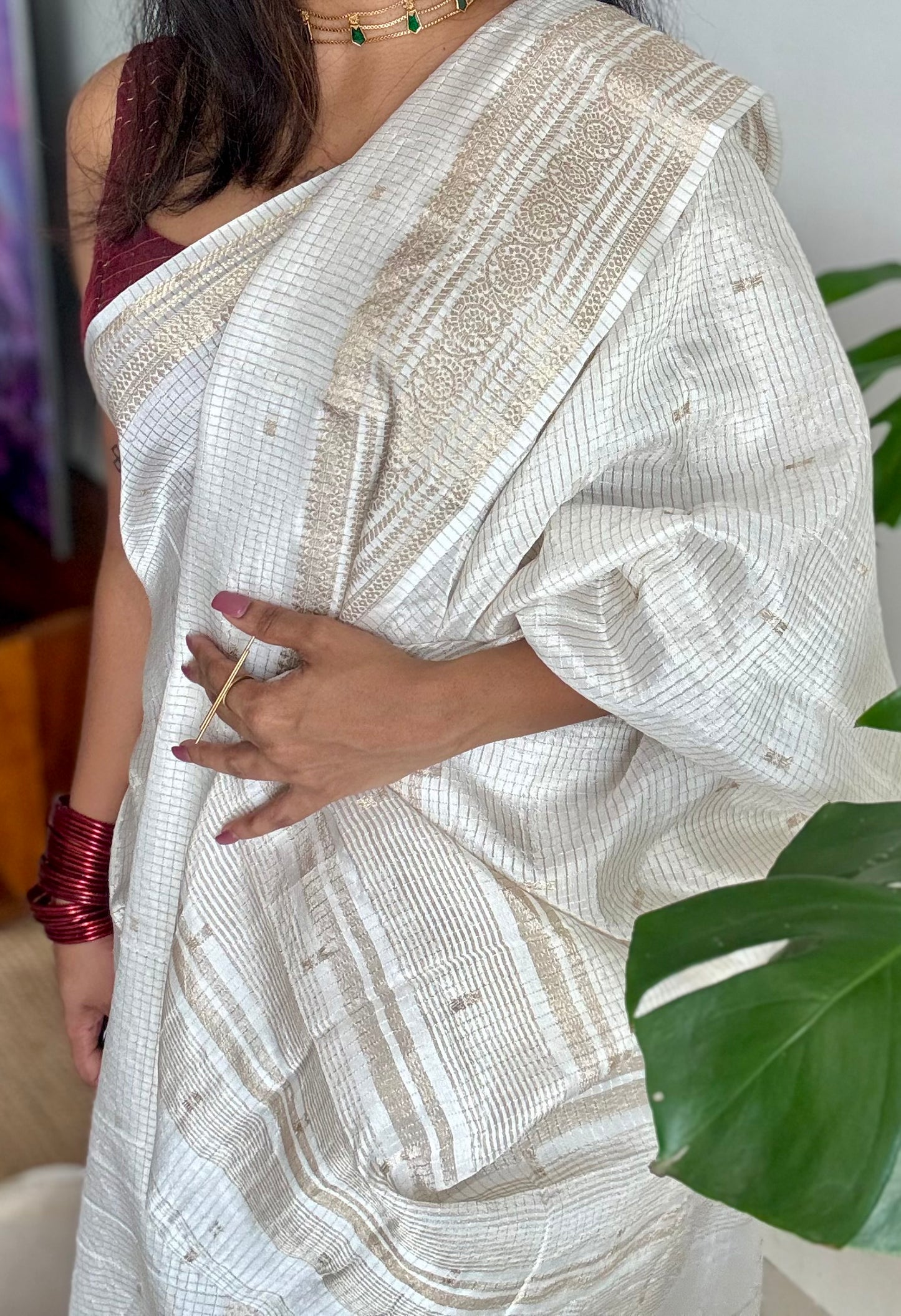 Off white and gold soft georgette saree, checks, gold border - YCIEON84