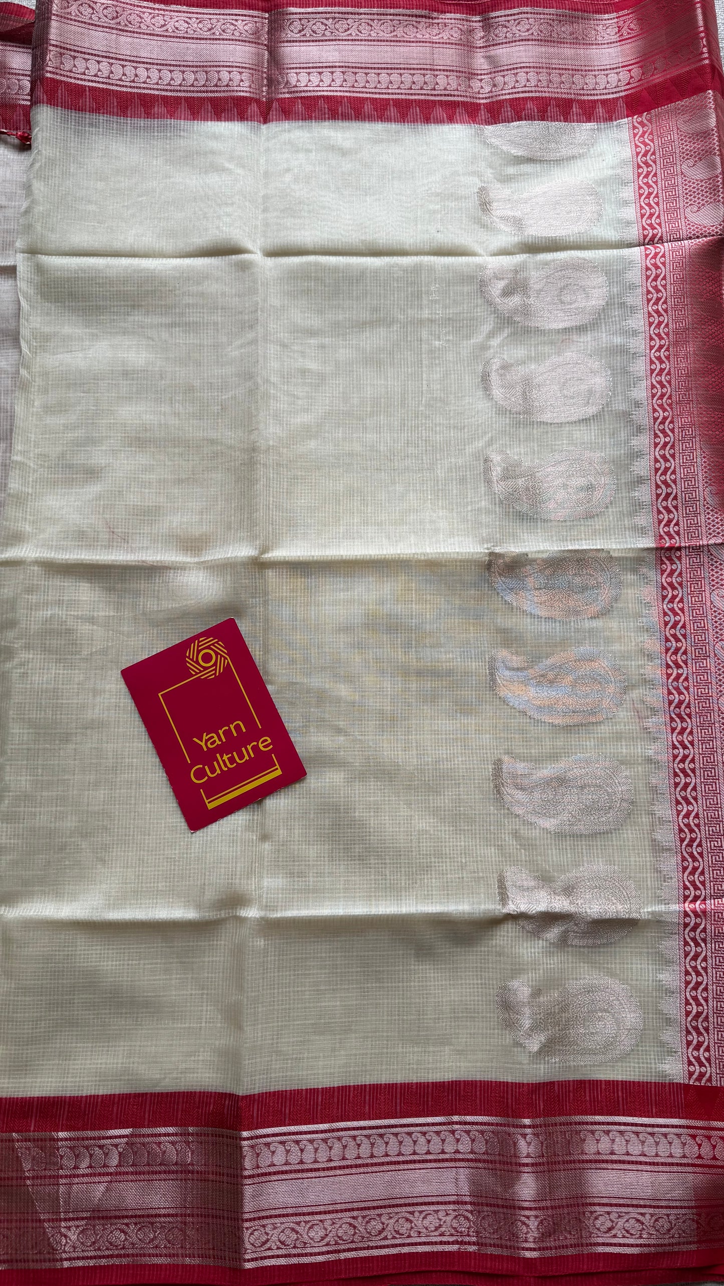 Cream with red contrast borders, kota doria with zari - YCBCDP15