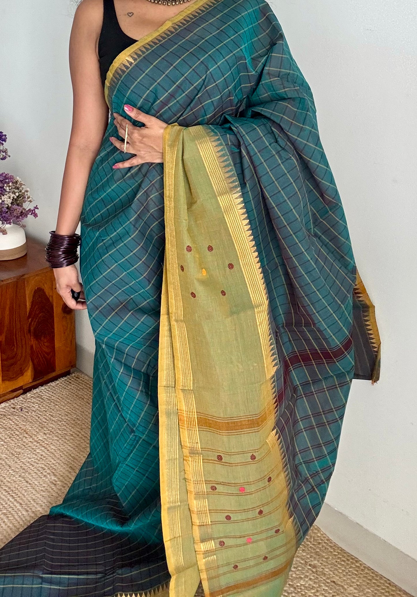 Dark teal and light green contrast, checkered Chettinad cotton saree - YCCOTNMA269