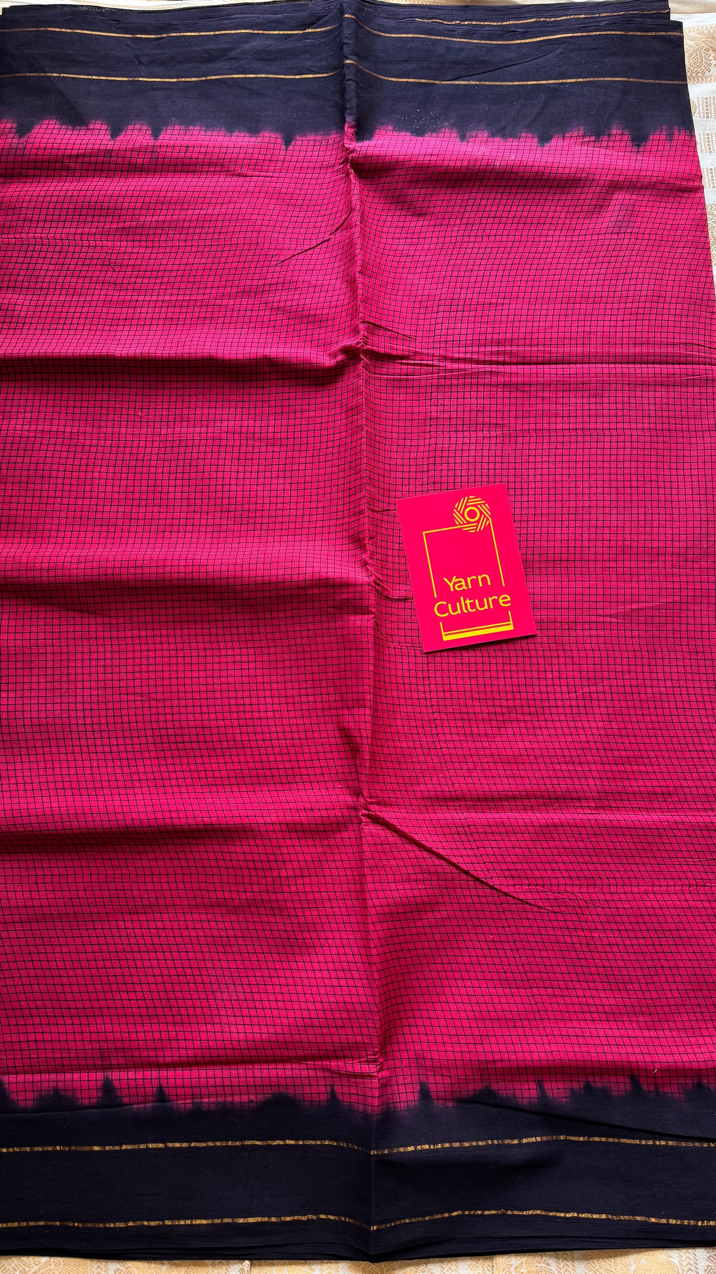 Dark pink with black contrast, checkered kattuchayam dyed madurai cotton saree - YCCOTNMA234