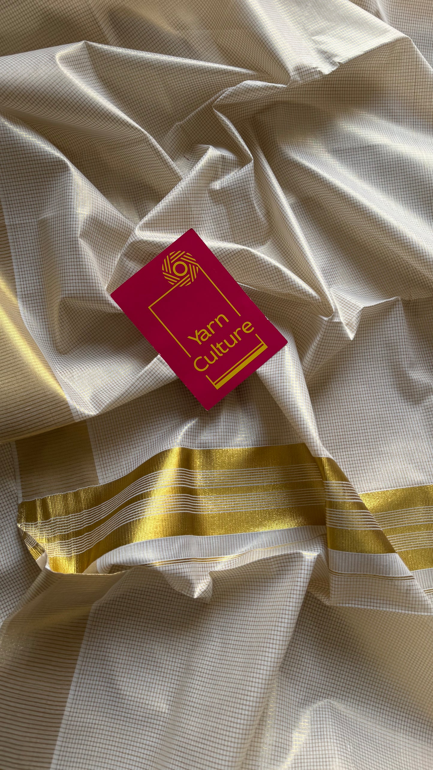 Ivory Kerala tissue cotton saree with gold microchecks - YCIEKCFE317