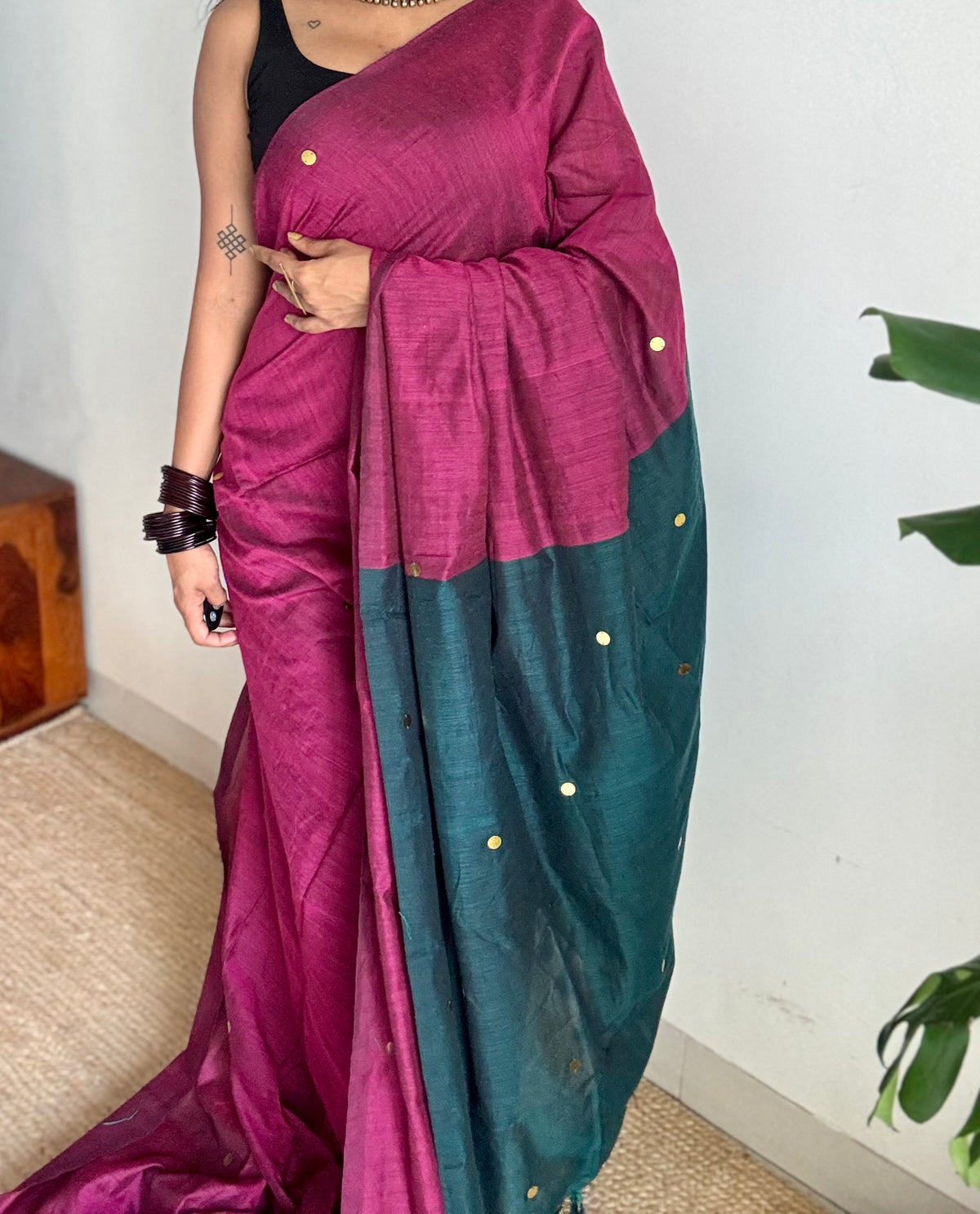 Ruby with peacock green contrast pallu, gini sequins, soft cotton saree - YCBCSCOC10