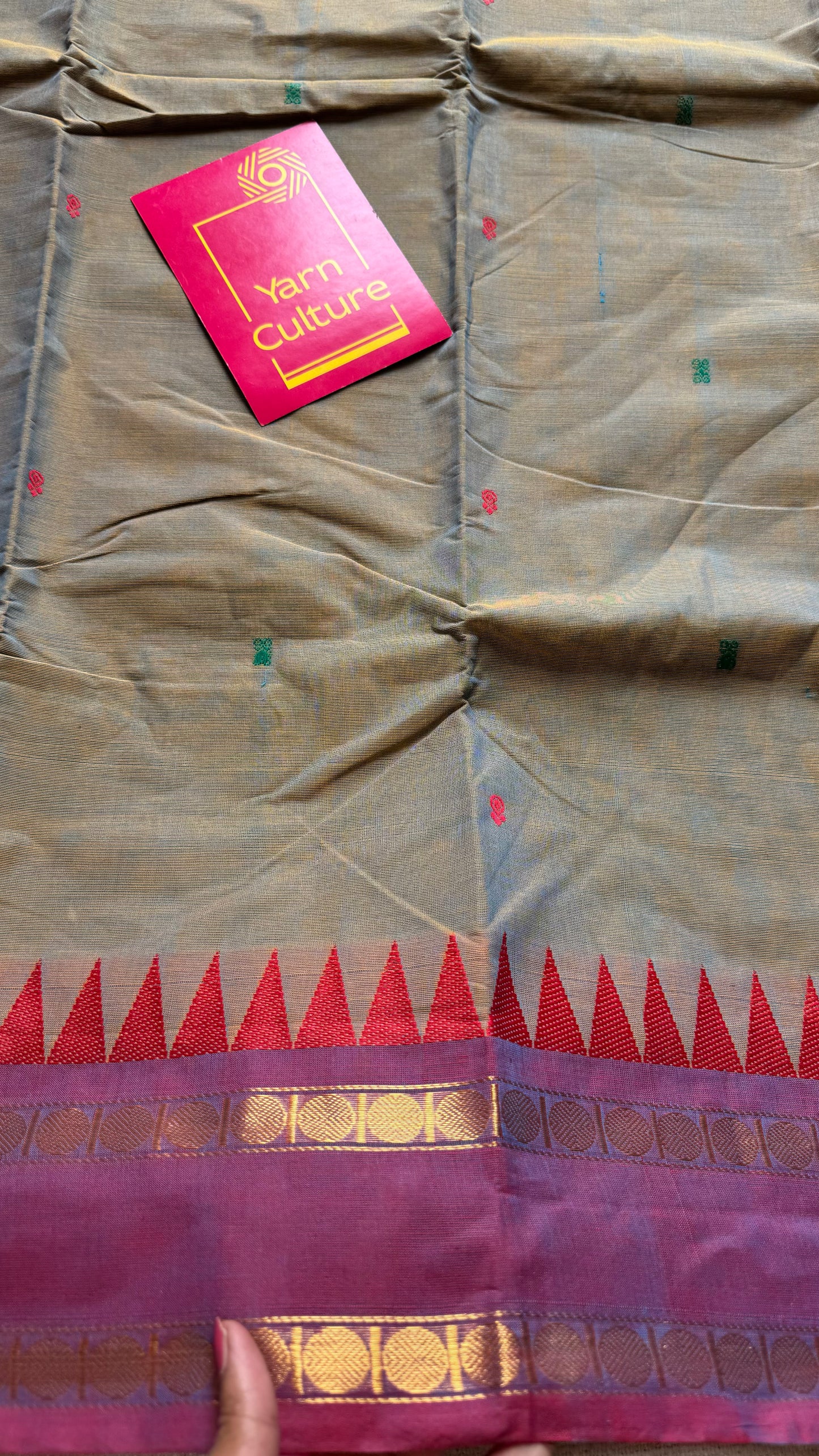 Kanchi cotton saree, warm grey with purple pink and green dual border - YCCOTNAP96