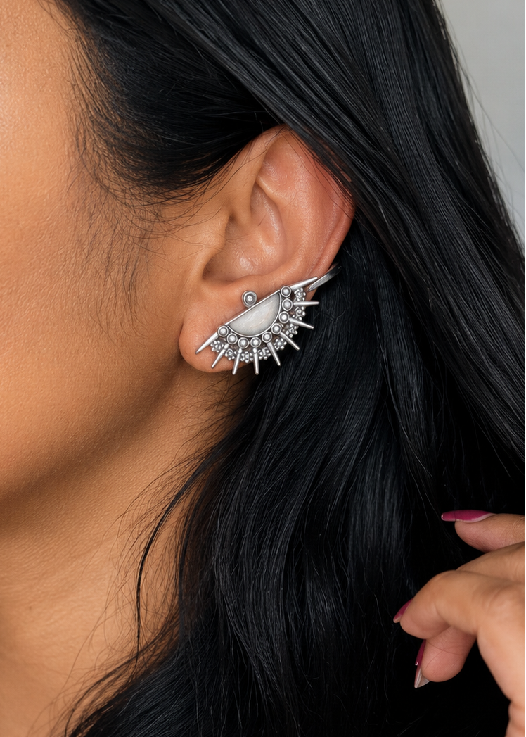 Oxidised silver, half spike patterned earring with clipon - YCOSEBU518