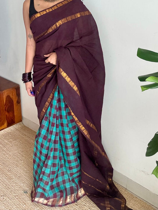 Brown with turquoise multi checks, sungudi and chettinad cotton half-half saree - YCCOTNIDOC36