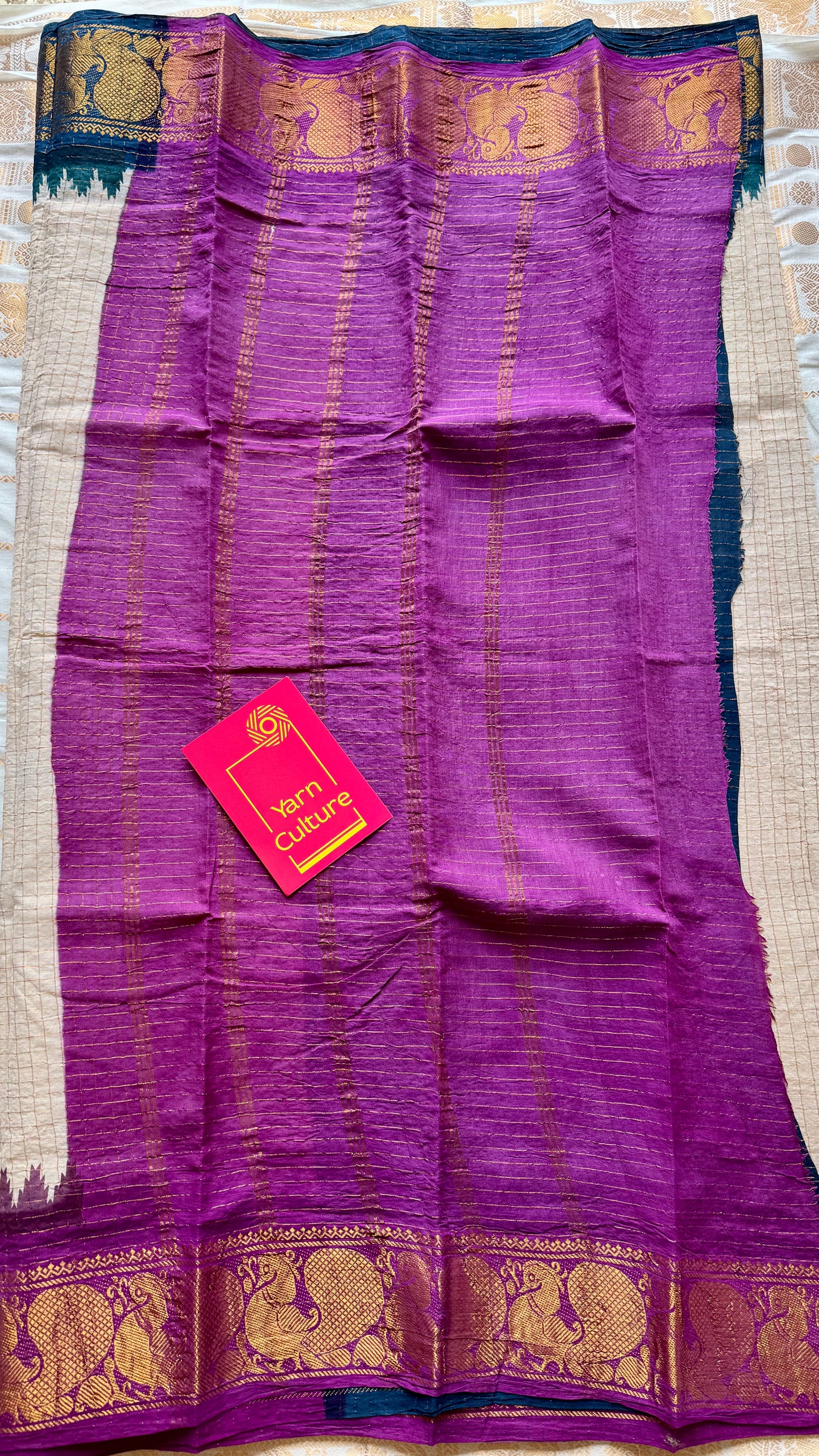 Sungudi cotton checks, ivory gold base, teal and magenta dual tone border, soft cotton - YCIEON100