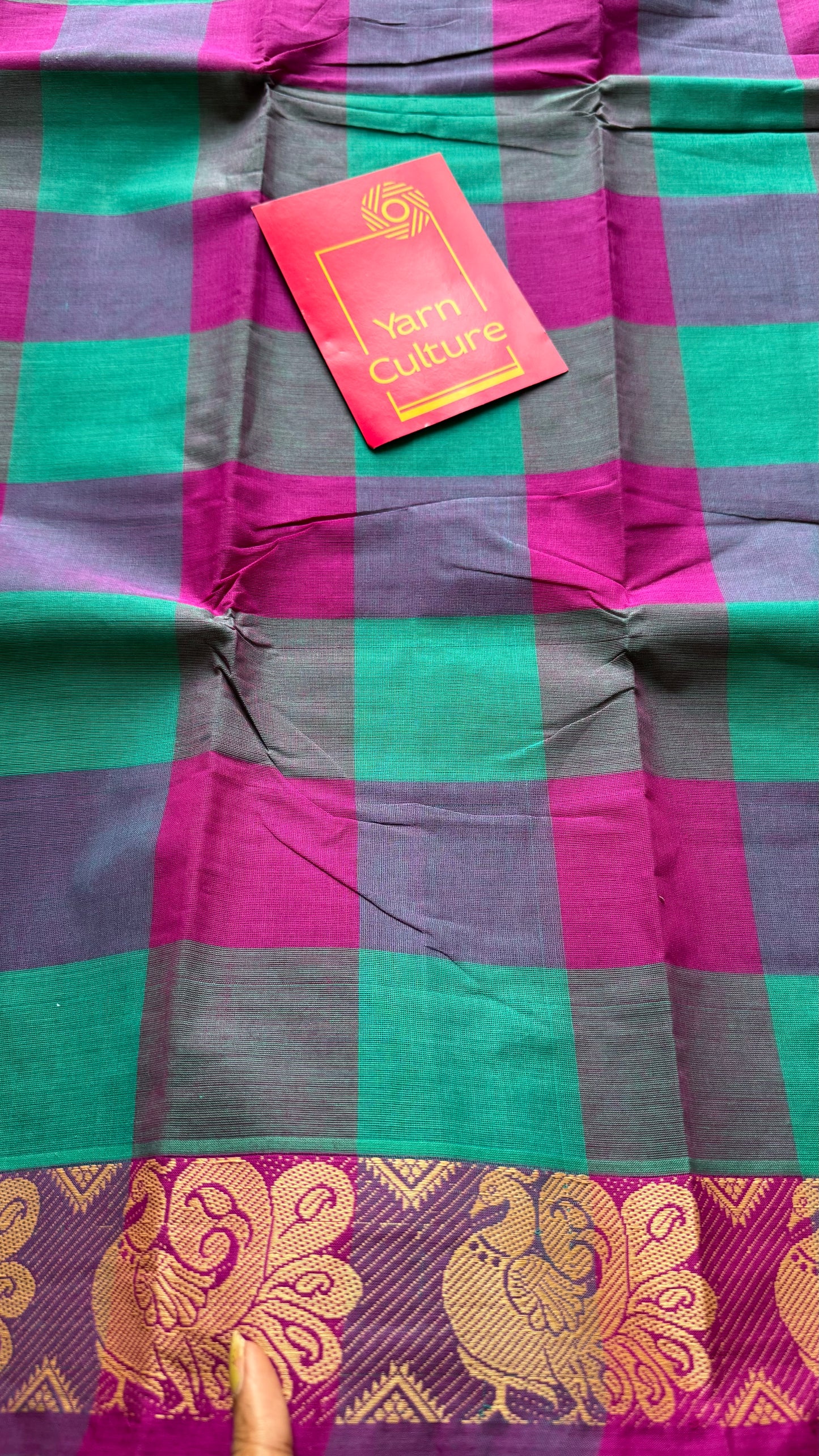 Chettinad cotton saree with magenta and cyan checks, peacock motif border - YCCOTNJUCC03