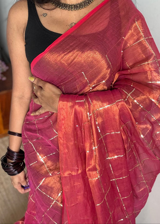 Rani pink, checkered sequins work, mul tissue - YCBCMCJA13