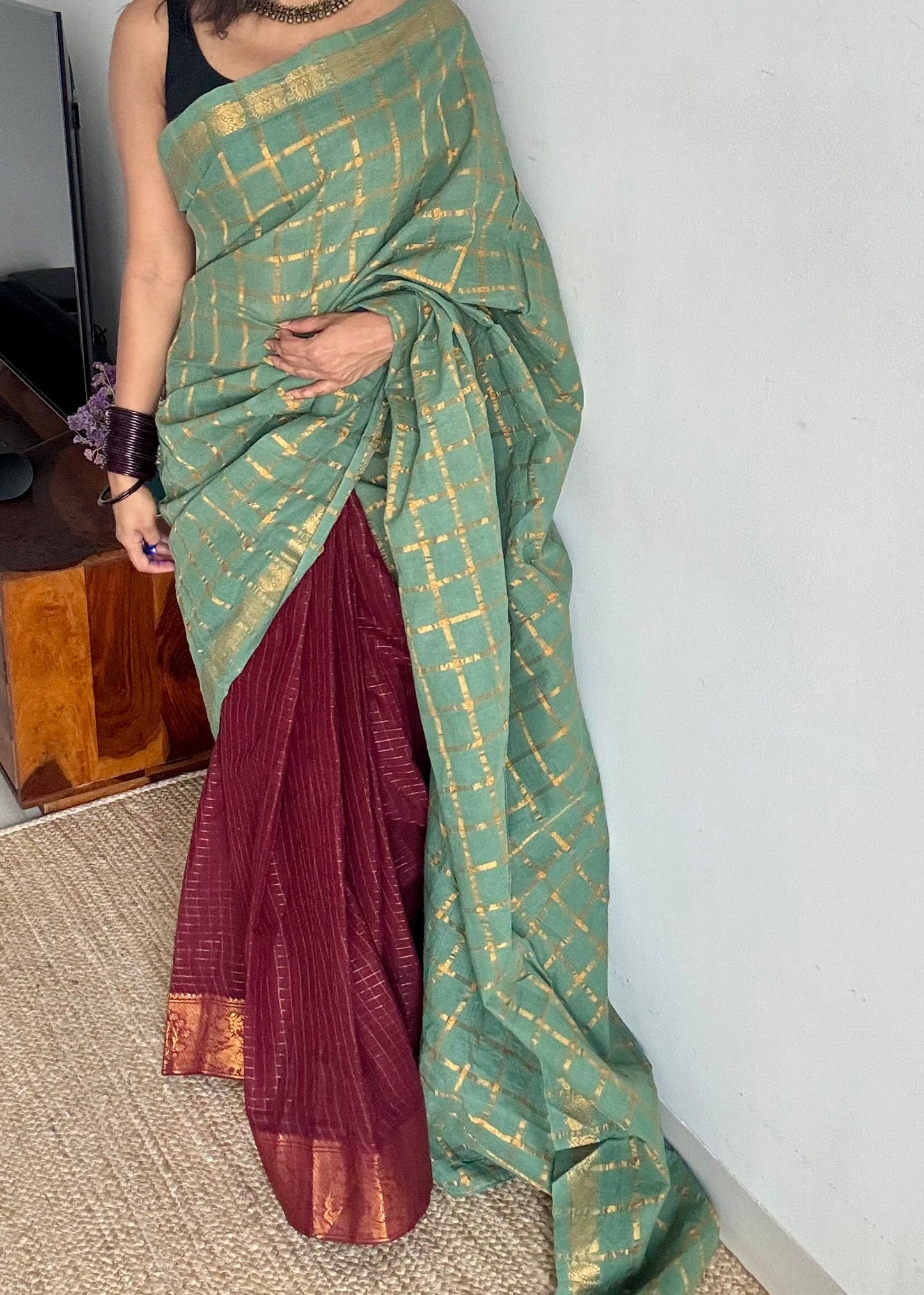 Mint green with maroon, sungudi cotton half-half saree - YCCOTNMSFE363