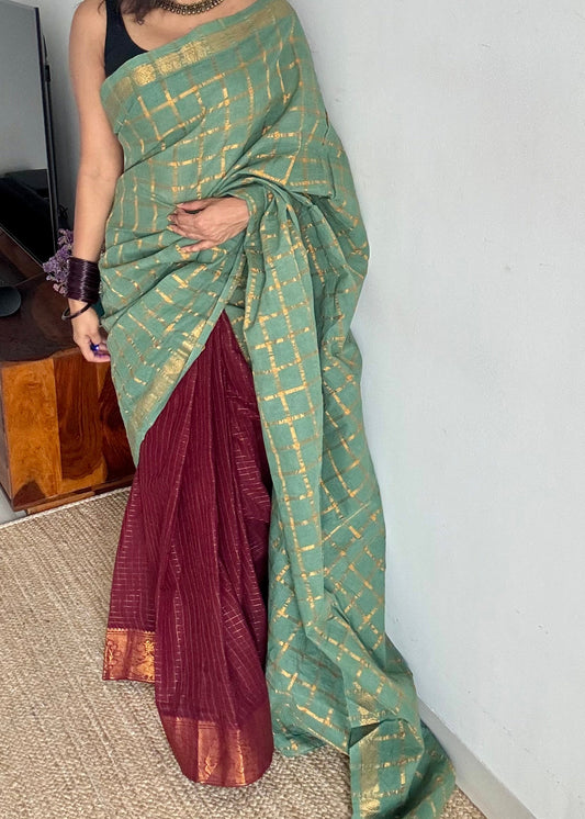 Mint green with maroon, sungudi cotton half-half saree - YCCOTNMSFE363