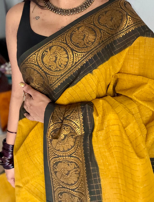 Yellow with black checkered sungudi, madurai cotton - YCCOTNSUDE43