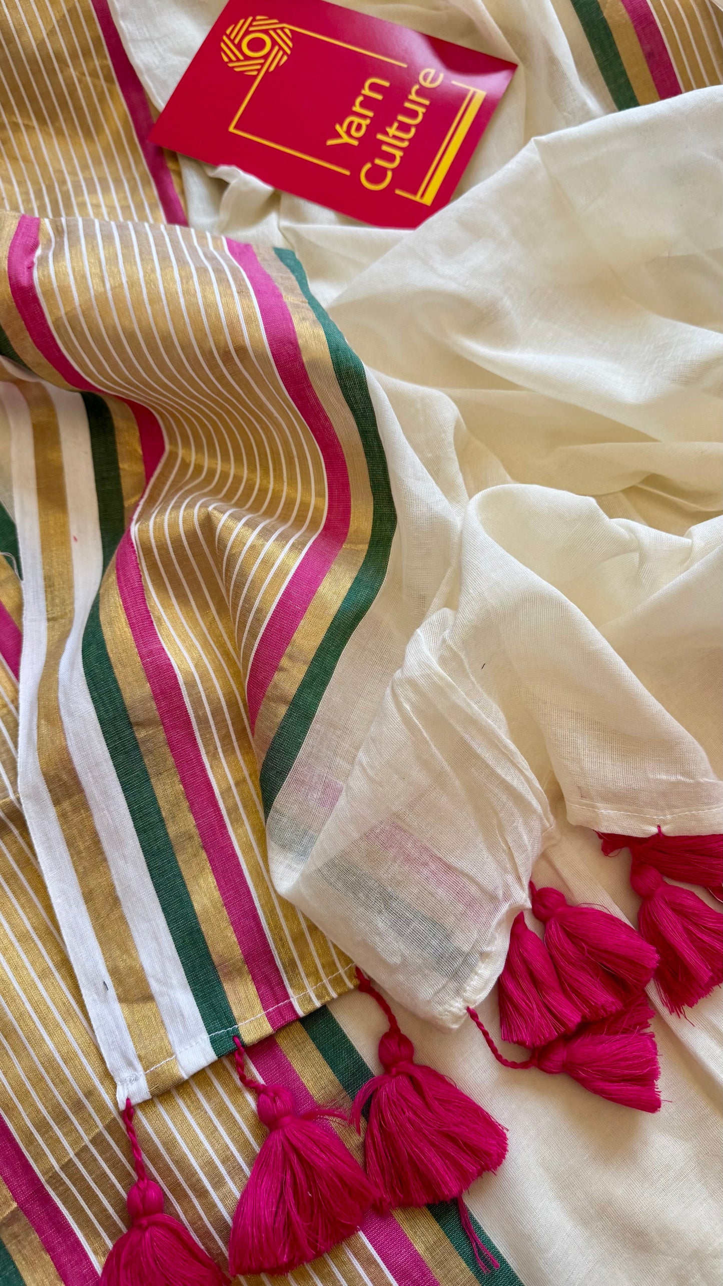 Ivory mul saree, hot pink, green and gold striped border - YCIEON14
