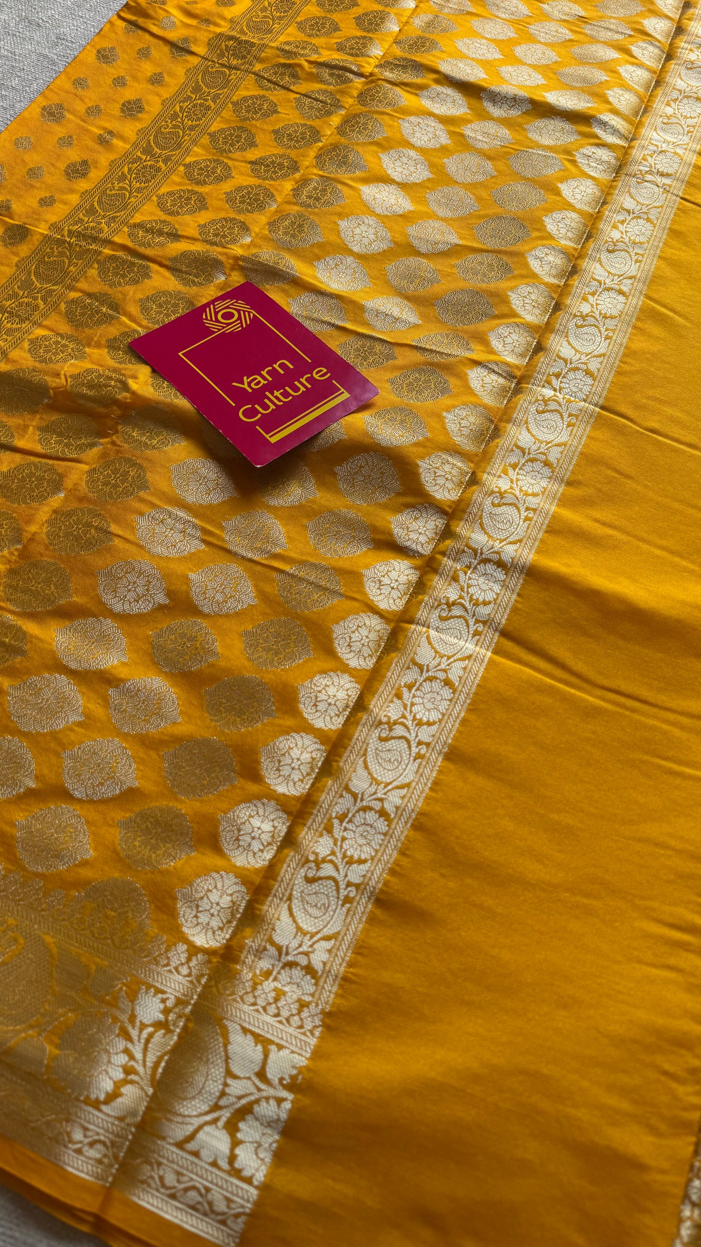 Orangish dark yellow, silver buttas and zari, Banarasi semi-silk - YCDESE35